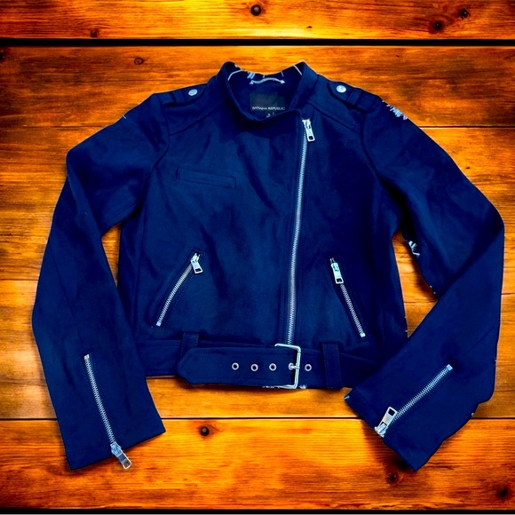Banana Republic Vegan Suede Moto Jacket Dark Blue Women’s Size Small NWT Spring - Picture 2 of 9